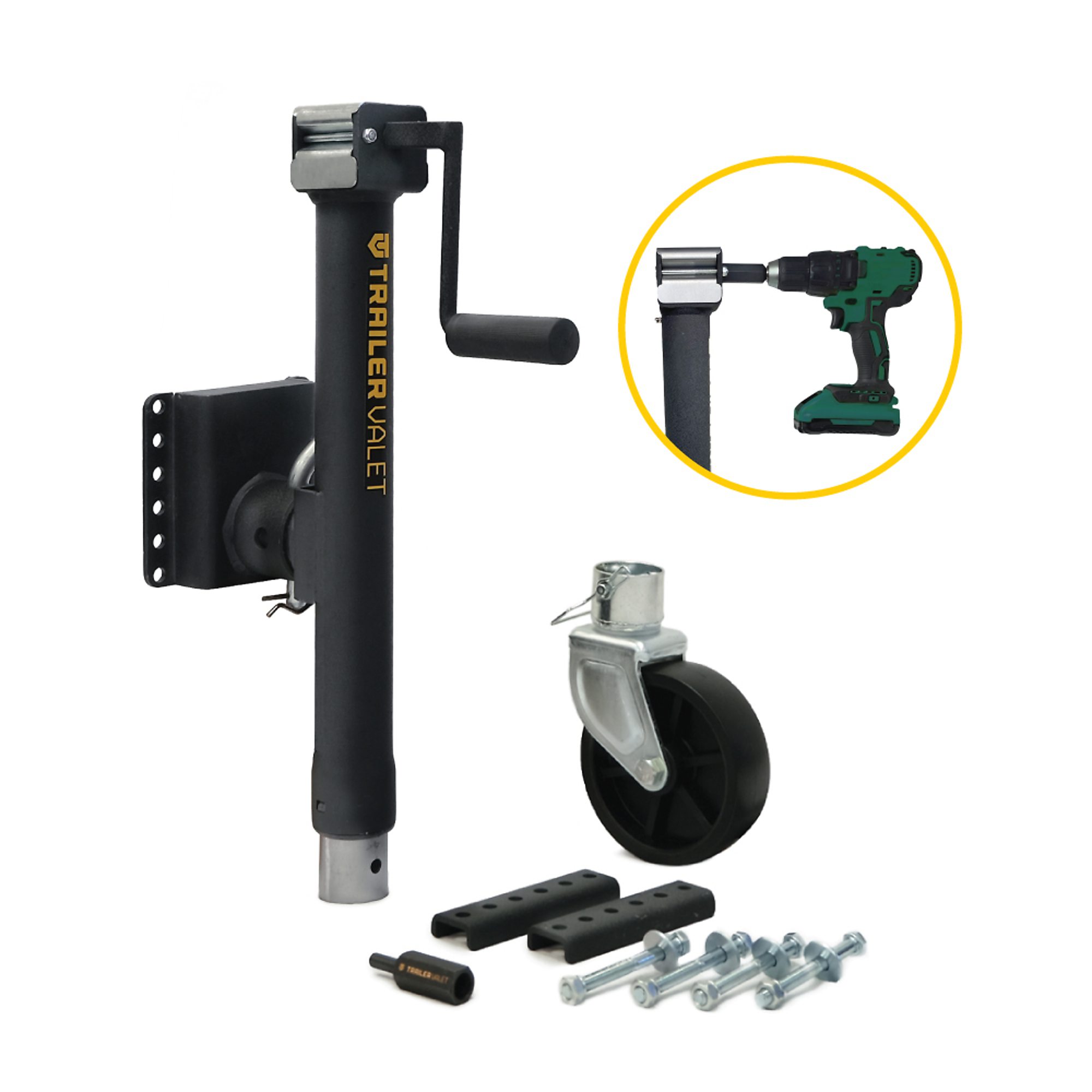 Trailer Valet Side Mount Drill Jack with Wheel - 15in. Travel, 5,000-Lb. Static Capacity, 3,500-Lb. Dynamic Capacity, Zinc-Plated, Model# TVJX5S-MW